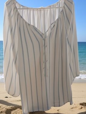 LOFT White Blouse with Blue Stripes
